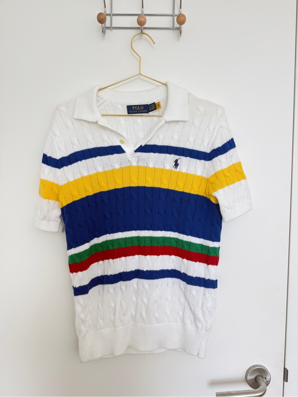 Polo by Ralph Lauren White Short-Sleeve Cable Knit Polo with Multicolor Stripes